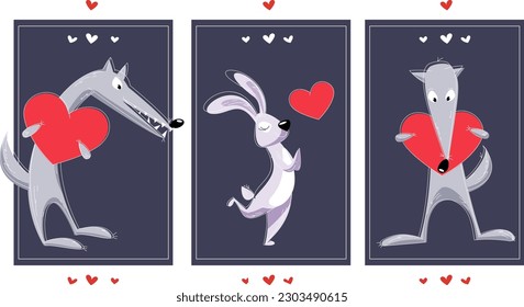 vector romantic cards of animals with a heart in their paws. The wolf and the hare are holding a heart. Greeting card, declaration of love, proposal, compliment.