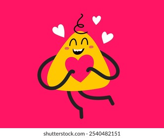 Vector romantic cartoon illustration of smile geometric monster in love on red background. Flat style child doodle design of cute abstract shape happy character with heart in hand for valentine day