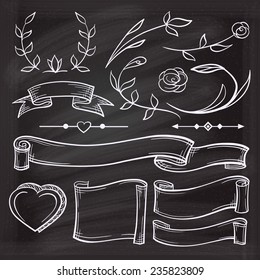 Vector romantic chalk doodles set with floral decorations, ribbons and arrows on the blackboard
