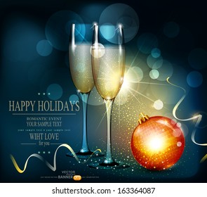 vector romantic christmas background with two glasses and christmas balls