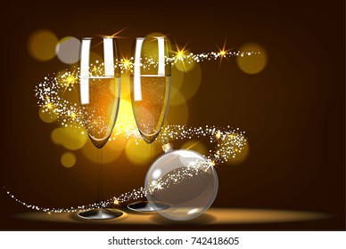 Vector romantic christmas background with two glasses and christmas balls.