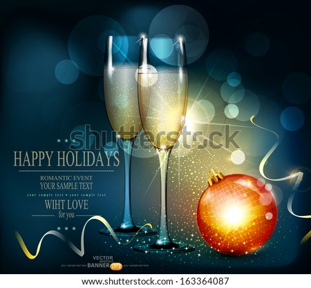 vector romantic christmas background with two glasses and christmas balls