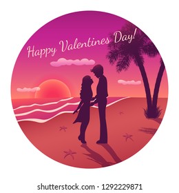 Vector romantic circle illustration with silhouette of kissing couple in love on the sunset beach isolated on the white background. Text Happy Valentines Day.