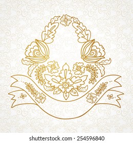 Vector romantic coat of arms with flowers, ribbons, leaves and sprigs in retro style. Line art floral pattern. Place for text. Vignette to decorate wedding invitations, cards, decoration for bags.