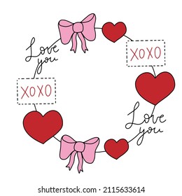 Vector romantic colorful frame with lettering illustration. Round beautiful decoration wreath for invintations, greeting cards, wedding, valentine's day, date