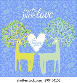 Vector romantic couple of cartoon deers on floral cute pattern background