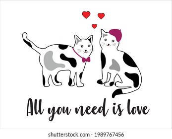 Una pareja de gatos vectorial y romántica. Gatos enamorados para una tarjeta, afiche, diseño de invitación, pancarta. Ilustración vectorial para el Día de San Valentín, el Día de los Besos y los Abrazos.