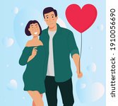 Vector romantic couple holding love balloon on valentine