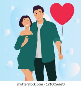Vector romantic couple holding love balloon on valentine's day