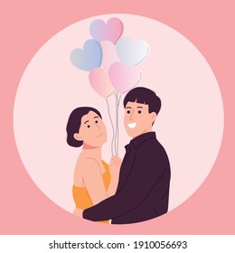 vector Romantic couple holding love balloon on valentine's day with pink background