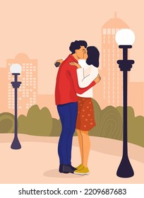 Vector romantic couple kissing and hugging in urban park. Man and woman in love, being close and affectionate. Autumn time dating concept.  