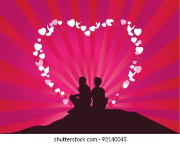 vector romantic couple silhouettes and a heart