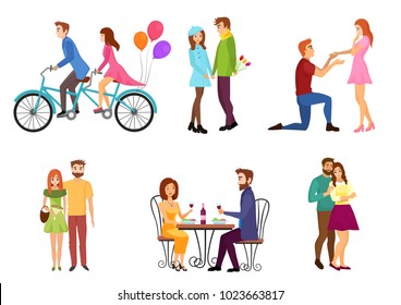 Vector Romantic dating couples flat isolated characters set with young lovers. People kissing, walking, giving presents gifts.