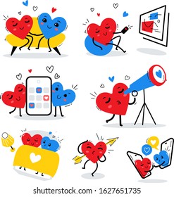 Vector romantic declaration of love illustration on white background. Set of happy red and blue heart character in different pose. Flat style design for Valentine's Day greeting card, web, sticker