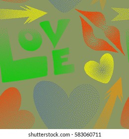 Vector romantic design in green, orange and yellow colors. Flat design of hearts, cupid's arrow, lipstick kisses and love word. Seamless pattern of icon love symbols.