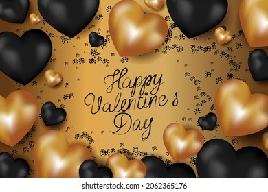 Vector. Romantic design for Valentine's Day. Realistic 3d gold and black heart shaped gel balloons. Handwritten text. Festive banner, web poster, flyer, stylish brochure, postcard, cover, background.