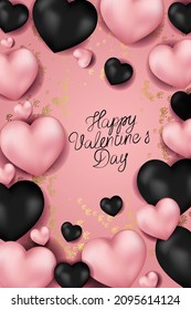 Vector. Romantic design Valentine's Day. Realistic 3d black and pastel pink gel balloons. Handwritten text. Festive vertical banner, web poster, flyer, stylish brochure, postcard, cover, background.