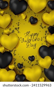 Vector. Romantic design for Valentine's Day. Realistic 3d yellow gold and black gel balloons. Handwritten text. Festive vertical banner, web poster, flyer, brochure, postcard, cover, background.