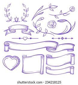 Vector romantic doodles set with floral decorations, ribbons and arrows