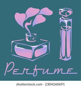 Dibujo vectorial romántico de botellas de perfume sobre fondo oscuro.
