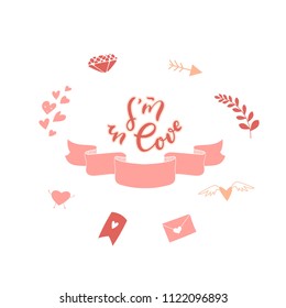 Vector romantic element set with handwritten unique phrase- I'm in love. Isolated vector elements - great for wedding, valentine's day cards and prints