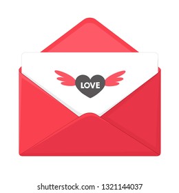 Vector romantic envelope icon with heart. In a red envelope a love letter with a heart. Illustration of love letter in flat minimalism style.