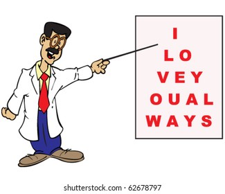 vector romantic eye doctor with vision chart with "I love you always" spelled in letters