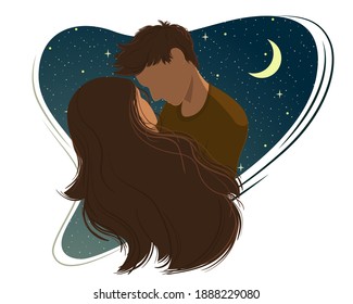Vector romantic flat illustration. Enamored man and woman hug each other against the background of the night sky.