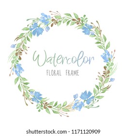 Vector romántico marco redondo floral con hojas verdes y flores azules al estilo acuarela aislado en fondo blanco
