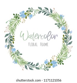 Vector romantic floral round frame with green leaves and blue flowers in watercolor style isolated on white background