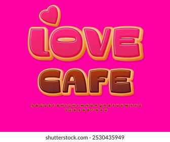 Vector romantic flyer Love Cafe. Sweet Cake Font. Tasty Donut Alphabet Letters and Numbers set.