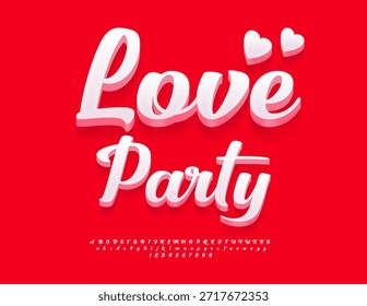 Vektor Romantischer Flyer Love Party mit dekorativen Herzen. Niedliche weiße Schrift. Stilvolles 3D-Alphabet Buchstaben und Zahlen Set.