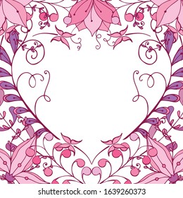 Vector romantic frame in the shape of a heart from stylized cherry flowers, berries, herbs. For love cards, greetings, weddings, Valentine's Day. Wall sticker, cover. For various printing and design.