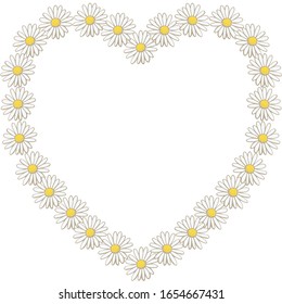 Vector romantic frame in the shape of a heart made of medicinal chamomile. Healing pharmaceutical grass. Seasonal set. For different designs, prints, for cards, labels.