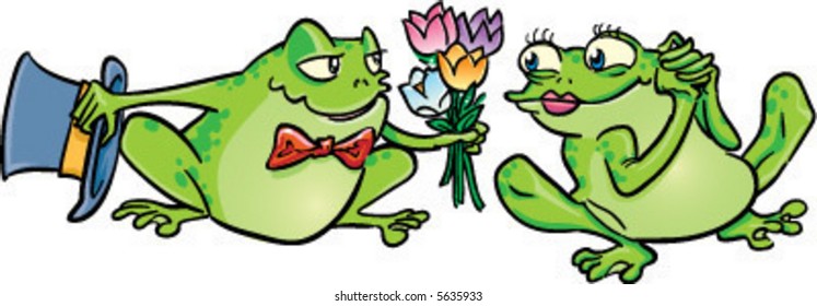 vector romantic frog offers his girlfriend a bouquet of spring flowers cartoon