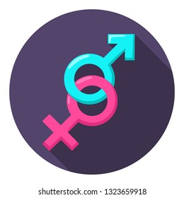 Vector romantic gender icon of man and woman sign. Signs of male and female beginnings of pink and blue colors. Illustration of Mars and Venus in flat minimalism style.
