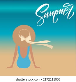 Vector romantic girl in blue swimsuit and hat sitting on the beach sand and looking to the sea. Summer background