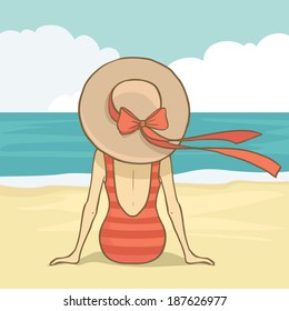 Vector romantic girl in red swimsuit and hat sitting on the beach sand and looking to the sea. Summer background