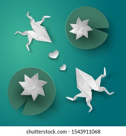 Vector romantic greeting card with origami frogs