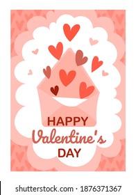 Vector romantic greeting card with pink envelope. In the envelope there is a letter and flying hearts. Flat style love letter illustration for valentine's day and february 14.