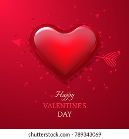 Vector romantic greeting card with title Happy Valentine's day with glass heart, arrow and confetti. Red holiday background for design of flyers and invitations.