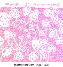 Vector romantic hand drawing  illustration with heart and flowers