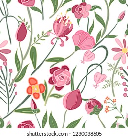 Vector Romantic hand drawn background with flowers. Vintage seamless pattern illustration.
