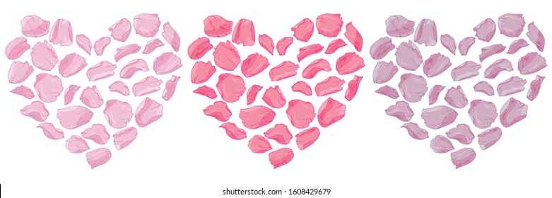 Vector romantic heart design of isolated pink, red, lilac rose flower petals. Mother of pearl petals in a watercolor style. For love cards, greetings, weddings, Valentine's Day. Wall sticker, cover.