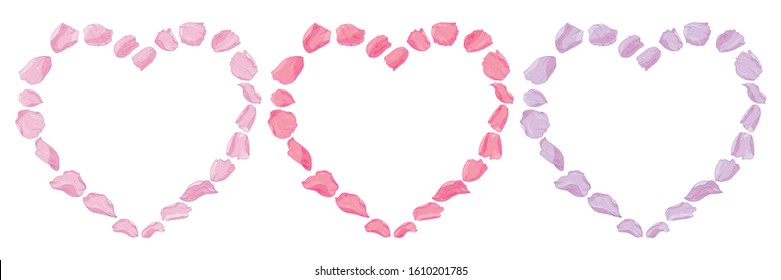 Vector romantic heart design of isolated pink, red, lilac rose flower petals. Mother of pearl petals in a watercolor style. For love cards, greetings, weddings, Valentine's Day. Wall sticker, cover.