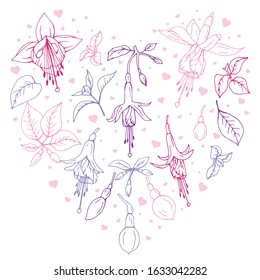 Vector romantic heart design made of violet-pink fuchsia flowers. For love cards, greetings, weddings, Valentine's Day. Wall sticker, cover. For various printing and design.