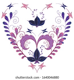 Vector romantic heart design made of stylized cherry violet flowers. For love cards, greetings, weddings, Valentine's Day. Wall sticker, cover. For various printing and design.