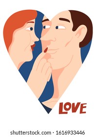 Vector romantic heart shape valentines day card with lovers man and woman in love. Minimal flat style in color. 