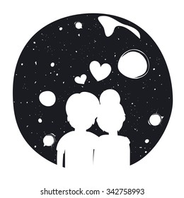 Vector romantic hipster typography poster with couple. Young man and woman silhouettes with moon on the background. Cute Valentine's day greeting card, home decoration, t-shirt print