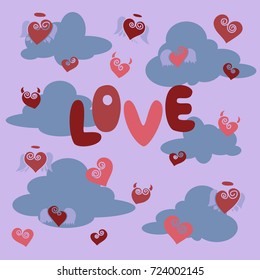 vector romantic holiday illustration card with text love, blue clouds, colorful red,pink hurts on purple background